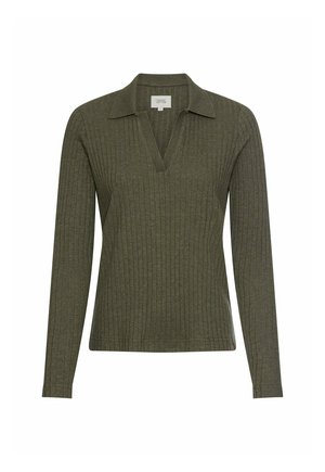 Langärmliges, olivgrünes, geripptes Strickoberteil mit Kragen und V-Ausschnitt, entworfen für eine figurbetonte Silhouette.