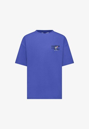 Blauwe katoenen t-shirt met ronde hals, korte mouwen en grafische print met tekst en een figuur op de linkerborst.