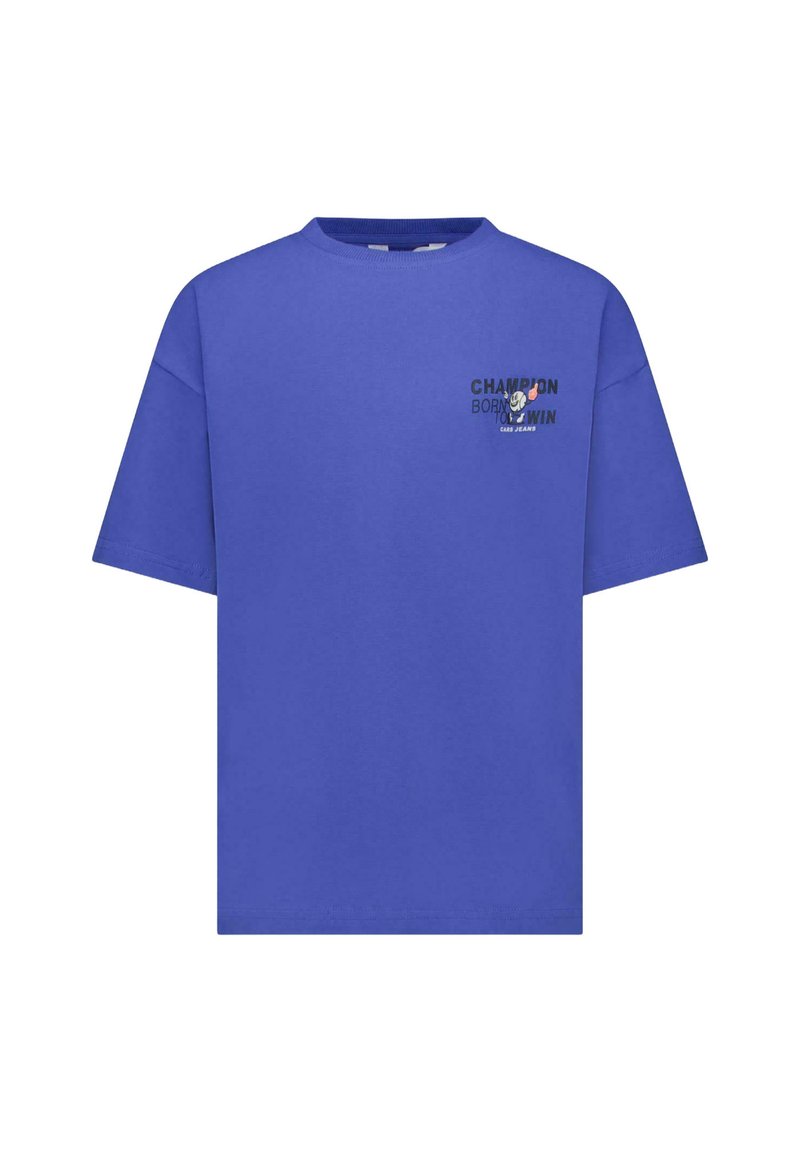 Blauwe katoenen t-shirt met ronde hals, korte mouwen en grafische print met tekst en een figuur op de linkerborst.