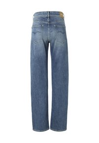 Jean droit en denim bleu pour homme vu de dos avec deux poches arrière et un patch en cuir marron de la marque sur la ceinture.