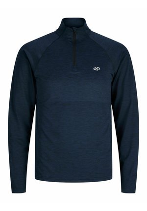 Felpa sportiva blu scuro a maniche lunghe con zip a quarto e piccolo logo bianco sul petto sinistro.