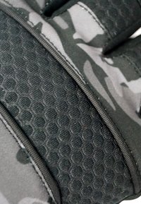 Black camouflage gloves feature textured grip surface with a honeycomb pattern, reinforced stitching, and padded cushioning for enhanced durability.