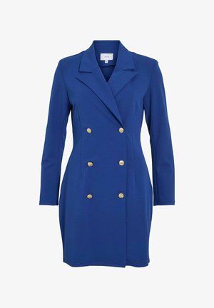 Blauwe dubbele-breasted jas met lange mouwen, gouden knopen en een notch-kraag. Gemaakt van een gladde stof, met een getailleerde silhoutte.