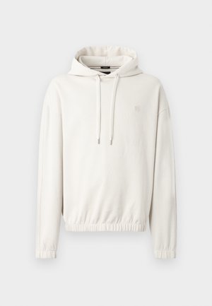 Hoodie de cor bege claro, feito de um tecido suave, com capuz ajustável, punhos elásticos e uma bainha justa. Pequeno detalhe de logótipo no peito.