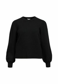 Pull-over noir en maille, avec un col rond et des manches longues bouffantes. Le tissu semble lisse avec une légère élasticité.