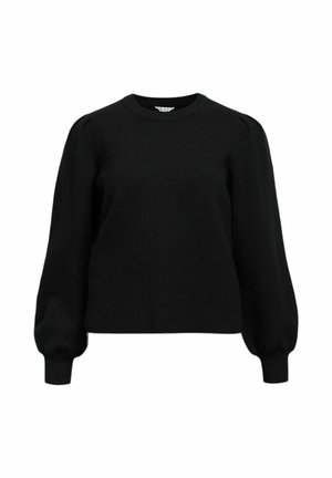 Černý pletený svetr s kulatým výstřihem a nafouklými dlouhými rukávy. Látka působí hladce s mírným pružením.