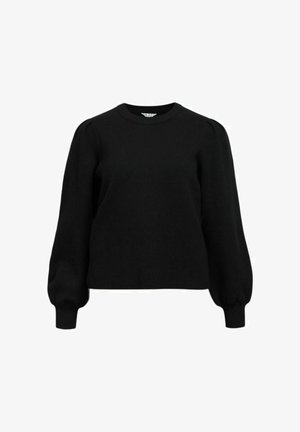 Černý pletený svetr s kulatým výstřihem a nafouklými dlouhými rukávy. Látka působí hladce s mírným pružením.