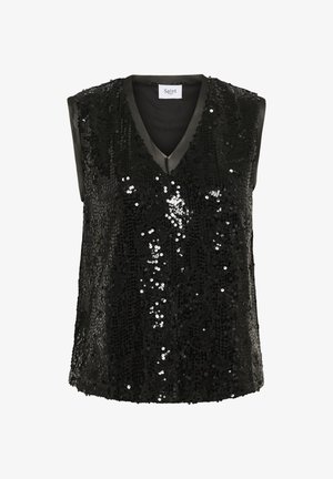 Musta ilmanhiha toppi, joka on valmistettu paljeteista. V-kaula-aukko. Omistaa sileän tekstuurin ja kiiltävän pinnan, joka heijastaa valoa.