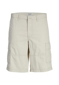 Beige Cargo-Shorts aus Baumwolle, mit seitlichen Taschen, einem Reißverschluss und gestickten Details. Reguläre Passform mit knielangem Schnitt.