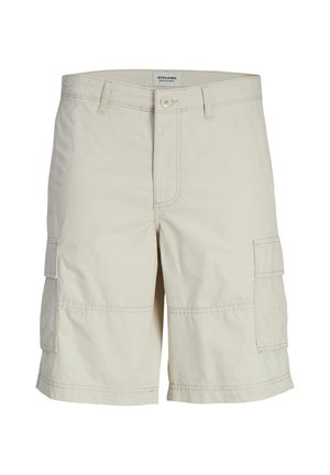 Beige cargo shorts with a button closure, two side pockets, and two cargo pockets on the thighs. Made from lightweight cotton fabric.