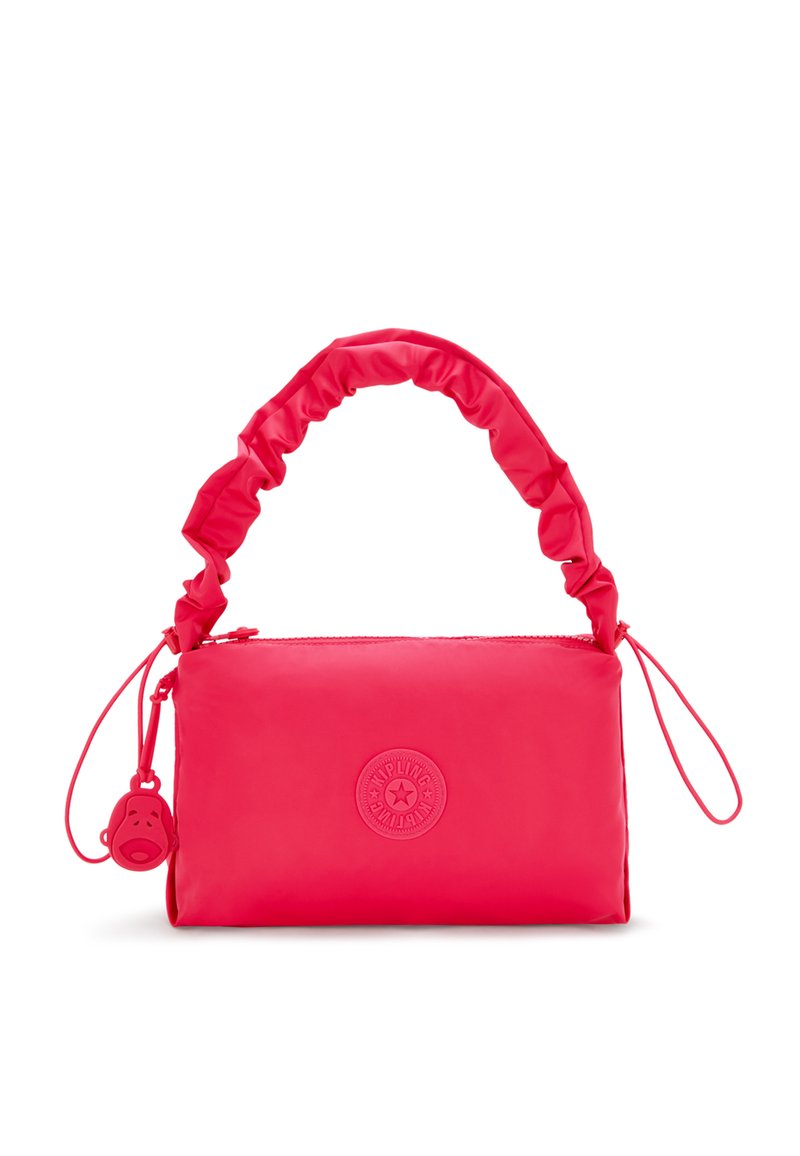 Pink nylon handbag with a gathered handle, zip closure, and a round logo accent. Smooth texture and rectangular shape.