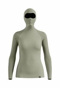 Haut à capuche couvrant entièrement en vert clair, fabriqué en tissu texturé. Présente des manches longues et une zone de visière noire pour la protection des yeux.