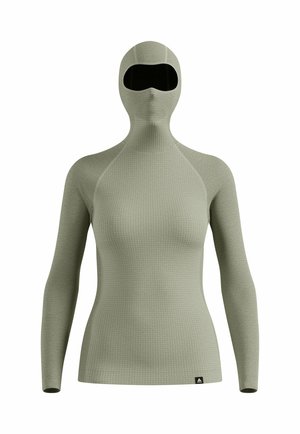 Full-coverage hooded top in light green, made of textured fabric. Features long sleeves and a black visor area for eye protection.