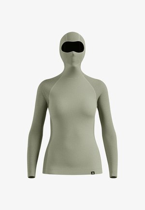 Full-coverage hooded top in light green, made of textured fabric. Features long sleeves and a black visor area for eye protection.