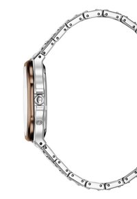 Silver stainless steel watch with a bronze bezel, round face, and articulated link bracelet. Features polished and matte surfaces.
