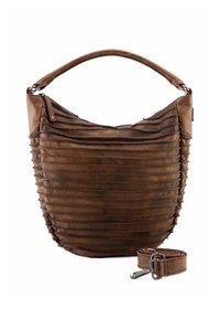 Borsa a mano in pelle marrone con design testurizzato, lati plissettati e chiusura con zip. Include una tracolla regolabile. Finitura morbida e forma curvata.