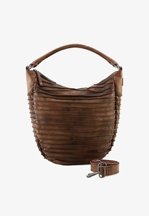 Brown leather handbag with a textured design, pleated sides, and a zip closure. Includes an adjustable strap. Soft finish and curved shape.