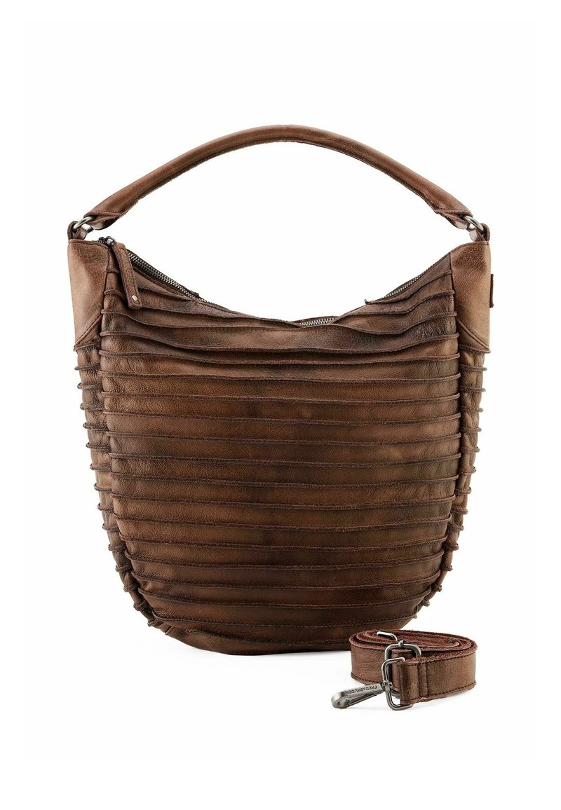 Borsa a mano in pelle marrone con design testurizzato, lati plissettati e chiusura con zip. Include una tracolla regolabile. Finitura morbida e forma curvata.