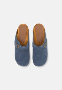 Zoccoli in suede blu con forma arrotondata, soletta in pelle e fibbia decorativa. Texture morbida con finitura liscia.