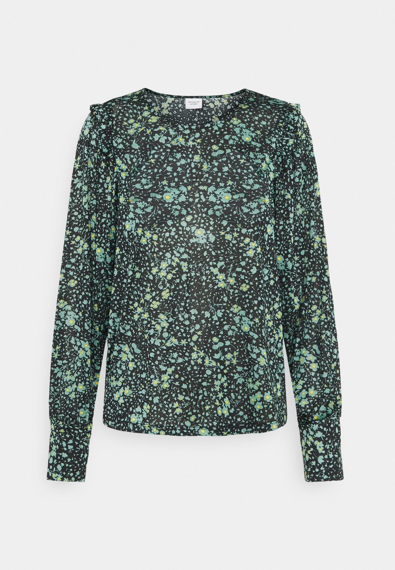 Kwiatowa bluzka z długim rękawem, z czarnym tłem, zielonymi i żółtymi wzorami kwiatowymi oraz luźnym krojem. Wykonana z lekkiego materiału.