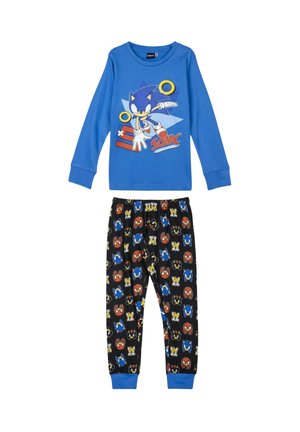 Blaues Langarmshirt mit Sonic the Hedgehog-Grafik und schwarze Hose mit wiederholten Sonic-Charaktergesichtern und blauen Bündchen.