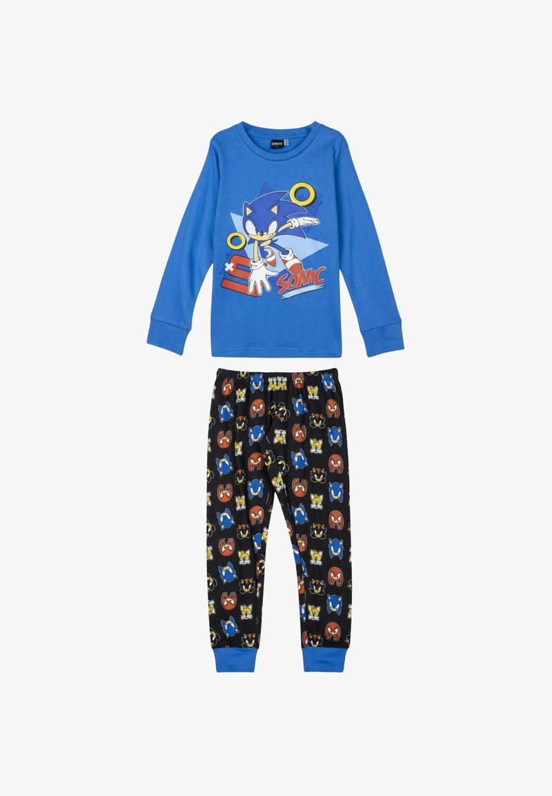 Blaues Langarmshirt mit Sonic the Hedgehog-Grafik und schwarze Hose mit wiederholten Sonic-Charaktergesichtern und blauen Bündchen.