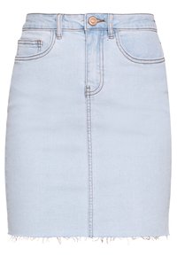 Ljusblå denimkjol med en figurnära design, fransad nederkant, femfickorsstil och kontrasterande sömmar l ängs kanterna.