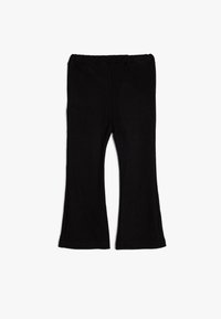 Pantalons évasés noirs en tissu côtelé, dotés d'une taille élastique. Texture lisse avec une silhouette ajustée.