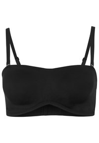 Zwart strapless beha met een gladde stof, zachte textuur, voorgevormde cups en een haak-en-oogsluiting aan de achterkant voor een veilige pasvorm.
