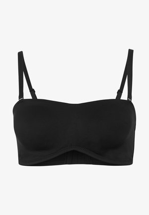 Czarny biustonosz bez ramiączek z gładkiego materiału, miękką teksturą, formowanymi miseczkami i zapięciem na haftkę z tyłu dla pewnego dopasowania.