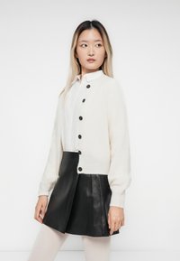 Jonge vrouw in een witte knooptrui, witte blouse, zwarte leren rok en lichte panty's, staande tegen een witte achtergrond.