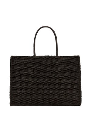 Czarna pleciona prostokątna torba na ramię z dwoma zaokrąglonymi uchwytami, teksturowaną powierzchnią i otwartą górą.