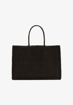Crna tkana pravokutna torba za nošenje s dvije zaobljene ručke, teksturiranom površinom i otvorenim vrhom.