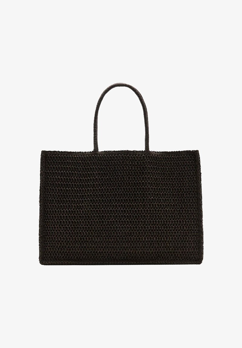 Sac cabas rectangulaire tissé noir avec deux poignées arrondies, surface texturée et ouverture supérieure.
