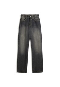 Dark denim jeans with a straight leg design, featuring front pockets and a faded appearance. Contrast stitching and a button closure.