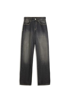 Jeans in denim scuro con un design a gamba dritta, dotati di tasche frontali e un aspetto sbiadito. Cuciture a contrasto e chiusura con bottone.