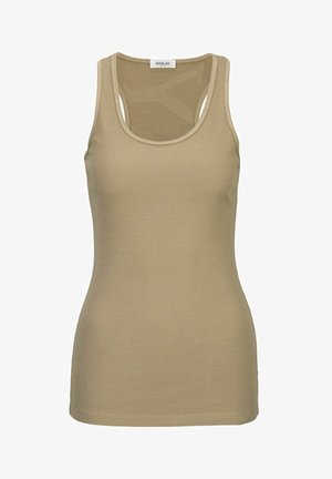 Camiseta sin mangas en color beige con detalles acanalados, cuello redondo y una etiqueta de "REPLAY" en la parte interior trasera del cuello.
