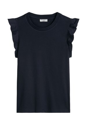 Haut sans manches bleu marine avec encolure ronde et bordure en tissu volanté sur les épaules, fabriqué en maille lisse.