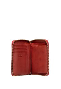 Portafoglio in pelle rossa con design a zip tutto intorno, dotato di molteplici slot per carte, una texture liscia e un logo in rilievo "RFID SAFE".