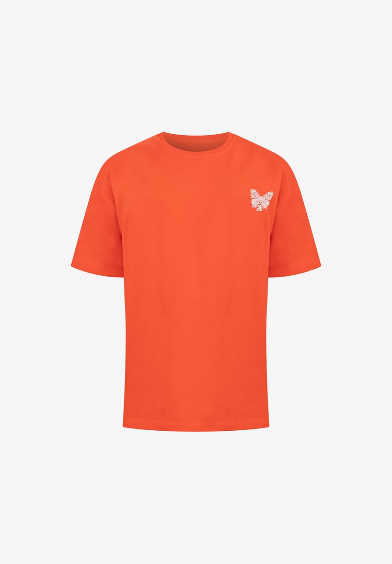 Oranje katoenen t-shirt met korte mouwen. Heeft een kleine witte vlinderafbeelding op de linkerbovenborst. Klassiek ontwerp met ronde hals.