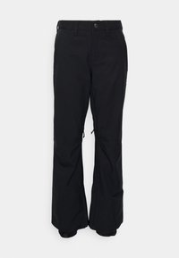 Black outdoor pants made of durable fabric with a straight leg design, featuring adjustable cuffs and side pockets for functionality.