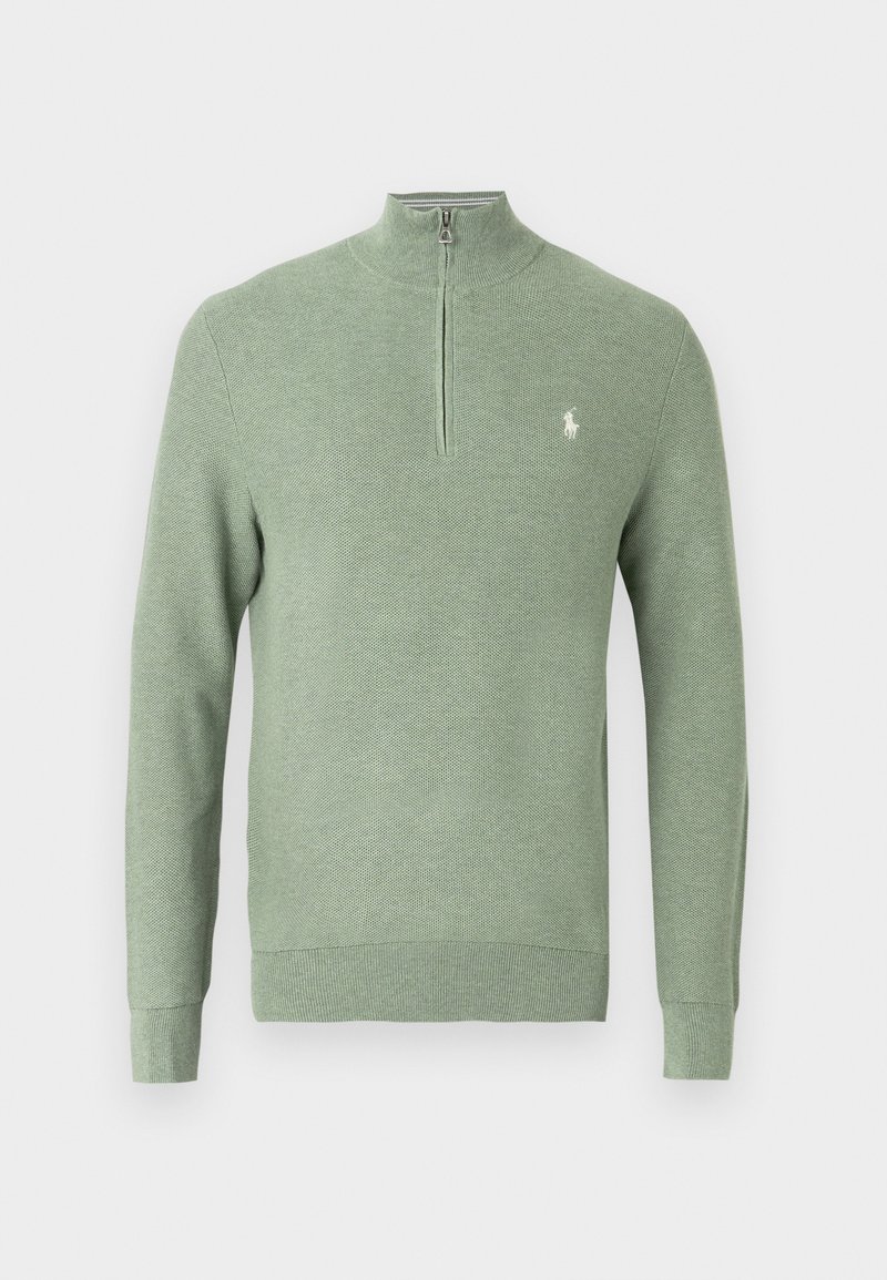 Maglione verde lavorato a maglia con mezza zip, polsini e orlo a costine, con un piccolo logo ricamato sul petto sinistro. Tessuto dalla trama strutturata.