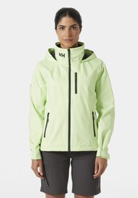 Chaqueta impermeable de color verde claro con capucha, con cremalleras y acentos negros, y un bolsillo en el pecho con cremallera. La lleva puesta con pantalones cortos oscuros.