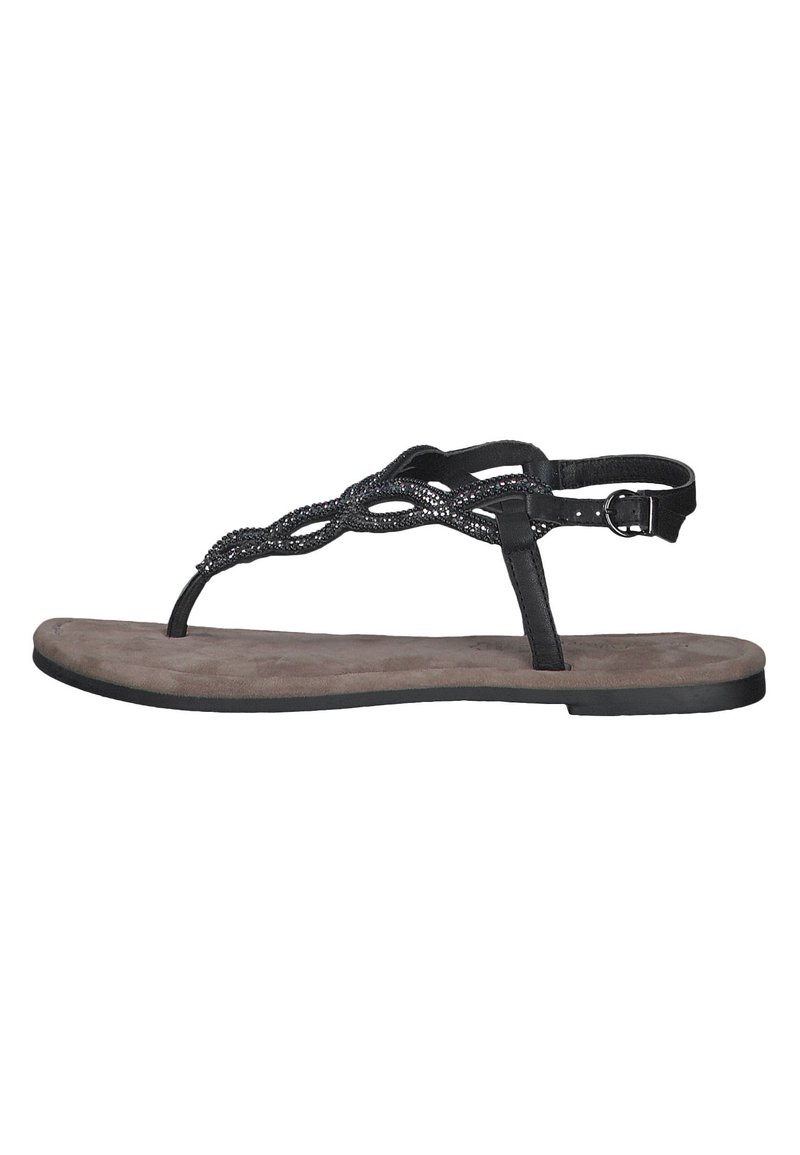 Sandales thong noires avec une semelle intérieure texturée grise, dotées d'une bride accent tressée et d'une boucle de cheville ajustable pour un maintien sécurisé.