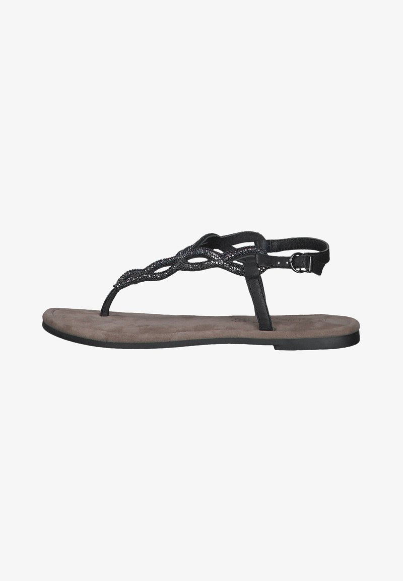 Sandales thong noires avec une semelle intérieure texturée grise, dotées d'une bride accent tressée et d'une boucle de cheville ajustable pour un maintien sécurisé.