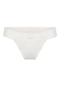 Tanga bianco in pizzo con motivo floreale in vita, caratterizzato da un design a incrocio e un fiocco in nastro, realizzato in un tessuto liscio e morbido.