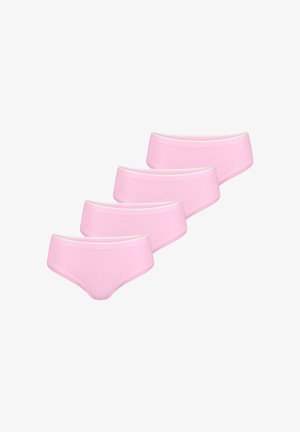 Vier paar roze katoenen slips met een gladde textuur, voorzien van een witte elastische tailleband. Ze hebben een klassieke slipvorm.