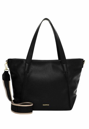 Borsa tote nera in pelle con una superficie testurizzata, due manici corti e una tracolla staccabile con un dettaglio a righe. Dettaglio logo dorato nella parte inferiore.