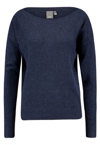 Pull en maille bleu marine à large encolure, manches longues, poignets et ourlet côtelés. Texture douce avec un léger éclat, sans motifs ni accents visibles.