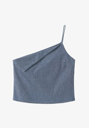 Top fără mâneci cu dungi albastre și albe, cu o singură bretea subțire și detaliu asimetric cu straturi la nivelul decolteului.